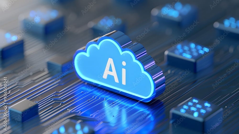 Poster 3d illustration of a blue ai cloud icon on a digital circuit board, representing artificial intellig