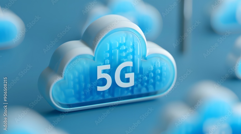 Poster 3d illustration of a cloud icon with '5g' text, representing 5g technology and cloud computing in a 
