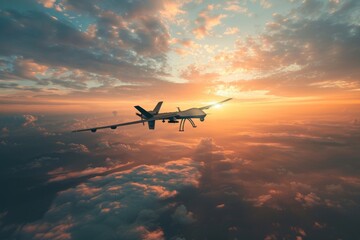 Military drone flying above the clouds