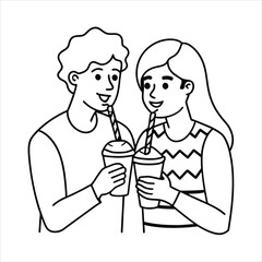 A couple sharing a milkshake with two straws line art vector