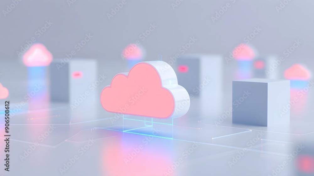Poster 3d illustration of a data cloud network with glowing holographic outlines, representing futuristic c