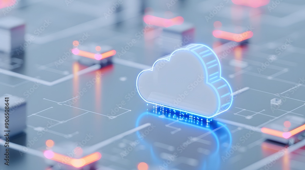 Poster 3d illustration of a digital cloud symbol on a circuit board, representing cloud computing, data sto