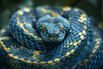 Fototapeta premium Colorful venomous snake coiled and resting on a branch