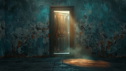 Obraz premium Old door with light through the ceiling on grunge wall