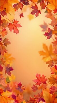Animated background of an autumn frame with an empty space for text, maple leaves decorate beautiful nature for Thanksgiving, yellow-red colorful landscape layout.