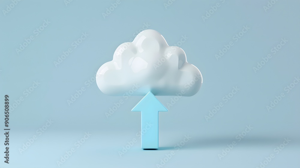 Poster 3d illustration of a white cloud with a blue arrow pointing up, symbolizing cloud computing and data