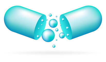 Blue open capsule. Soluble shell, drops inside, fluids, substance, medicine, pill, medicament, treatment, healthcare, vitamins, dietary supplements, science, chemistry, pharmacology. Vector