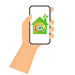 Smart home system. Hand holding telephone. Control, adjust, customize, multi colored scale, green house, temperature, air, hood, humidity, equipment, connected devices remote access lighting security