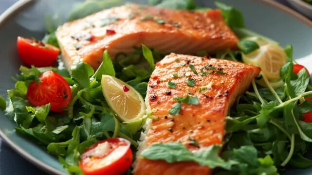 Baked or fried salmon and salad, Paleo, keto, fodmap, dash diet.