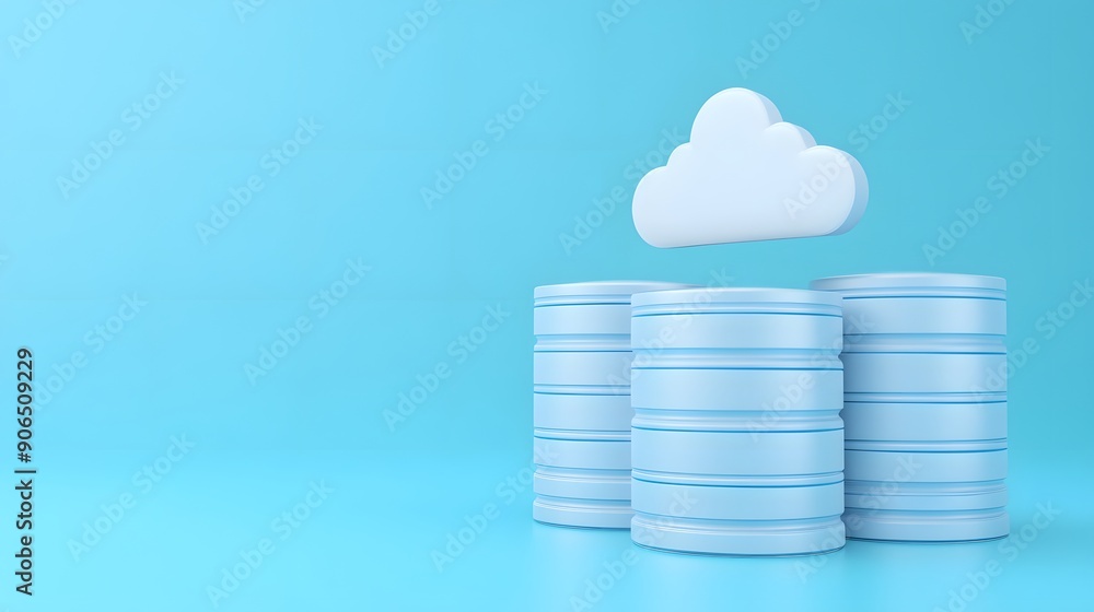 Poster 3d illustration of cloud computing data storage concept with server stacks and a cloud icon on a blu