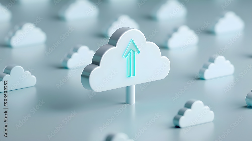 Poster 3d illustration of cloud computing icon with an upload symbol, representing cloud storage, data tran