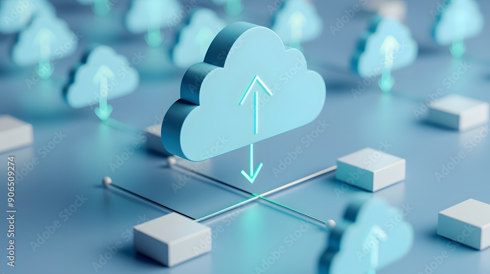 Poster 3d illustration of cloud computing system with data transfer arrows. abstract technology concept for