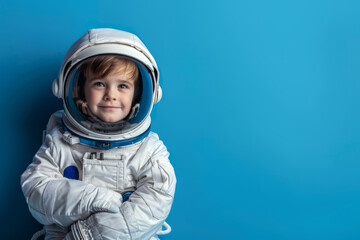 Young boy wearing astronaut costume smiling with folded arms on blue background. Copy space for text