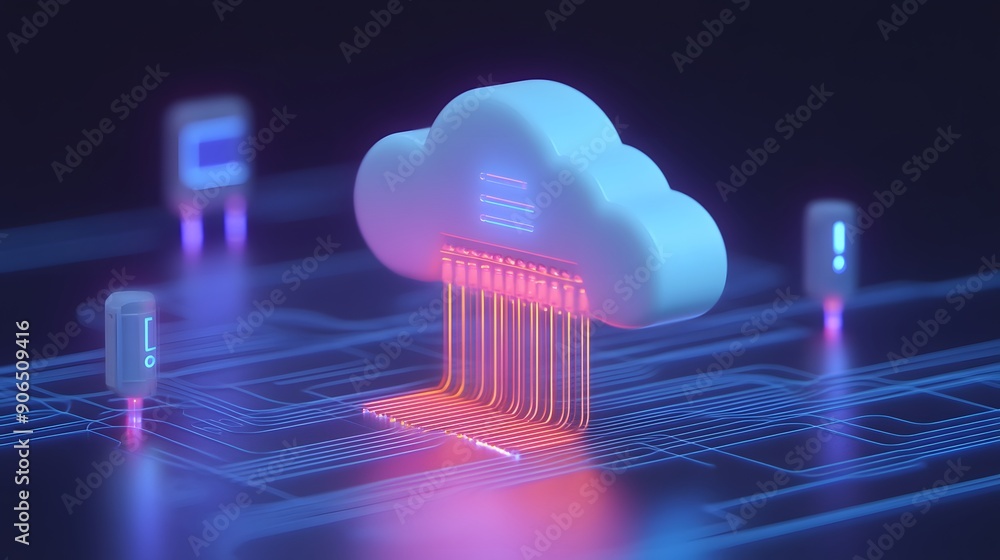 Poster 3d illustration of cloud computing technology with glowing neon elements, representing digital data 