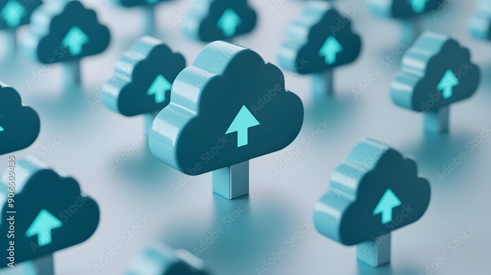 Aufkleber 3d illustration of cloud icons with upload arrows, representing cloud computing, data storage, and o