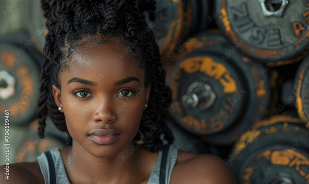 Wall mural Serious ethnic female athlete resting near dumbbells, Generative AI 