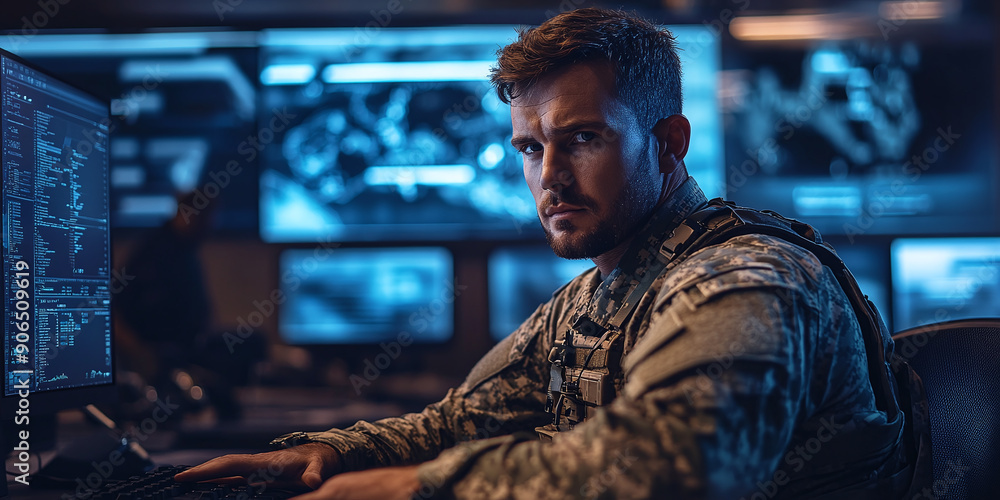 Poster military operator coordinating operations in a command center. concept command center, military oper