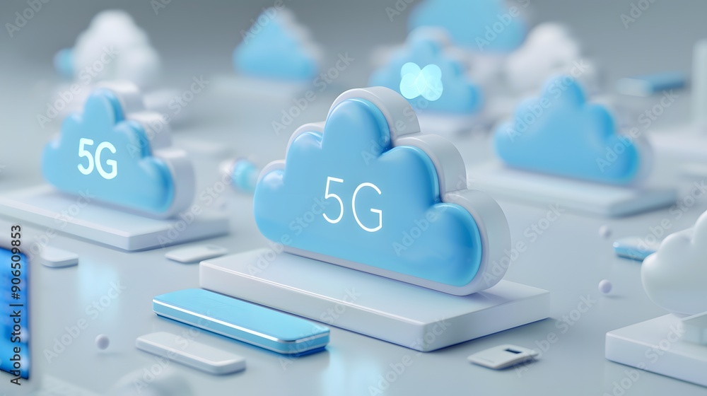 Poster 3d render of 5g wireless technology concept with cloud computing elements, emphasizing fast data tra