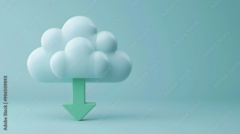 Poster 3d render of a cloud icon with a downward arrow, symbolizing cloud storage and data download on a so