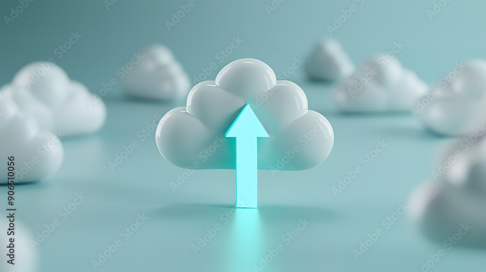 Poster 3d render of a white cloud with an upward arrow representing data upload and cloud computing in a bl