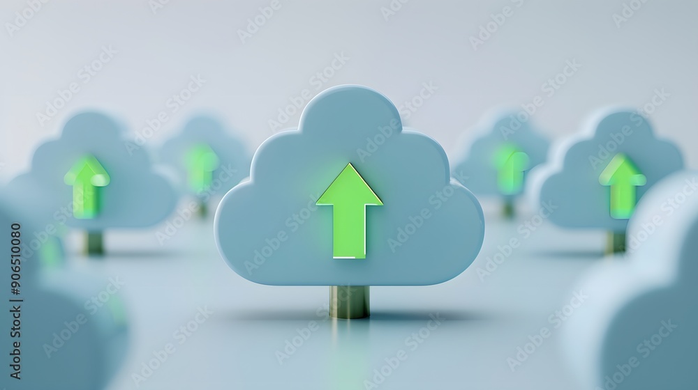 Poster 3d render of cloud icons with green upward arrows symbolizing cloud computing and data upload. light