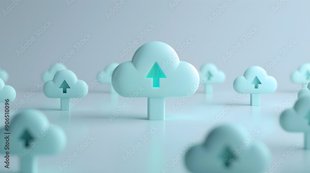 Poster 3d render of multiple cloud icons with up arrows symbolizing cloud storage, backup, and data transfe