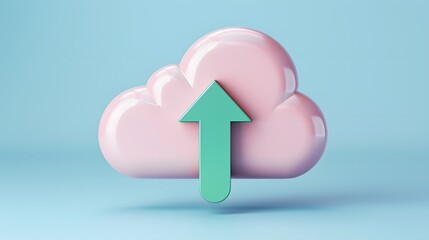 3D render of a pink cloud with an upward arrow, symbolizing cloud storage, upload, and technology, against a blue background.