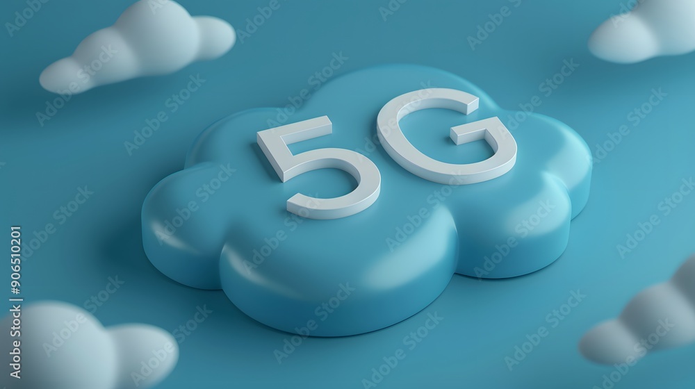 Poster 3d rendering of a 5g cloud symbol surrounded by smaller clouds on a blue background, representing 5g
