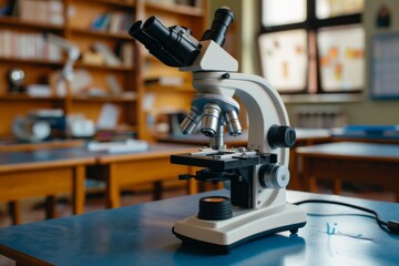 Fototapeta premium A microscope is on a table in a classroom