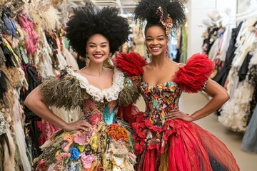 Naklejka premium Two Models Pose in Vibrant, Elaborate Dresses Surrounded by Fashion Designs in Studio