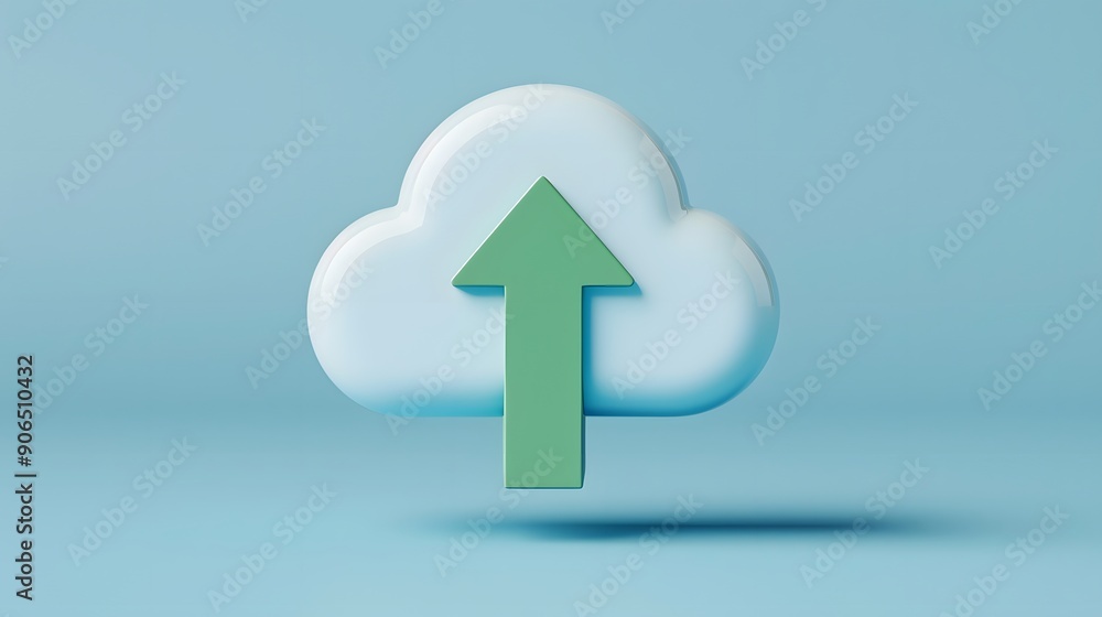 Aufkleber 3d rendering of a cloud with a green upward arrow symbolizing data upload and cloud storage on a blu