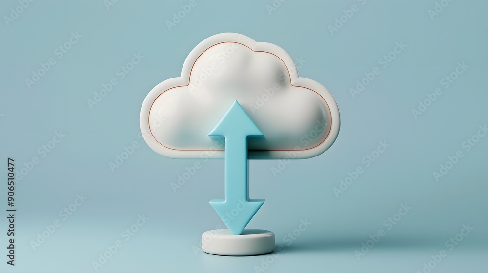Poster 3d rendering of a cloud with up and down arrows on a blue background representing cloud computing an
