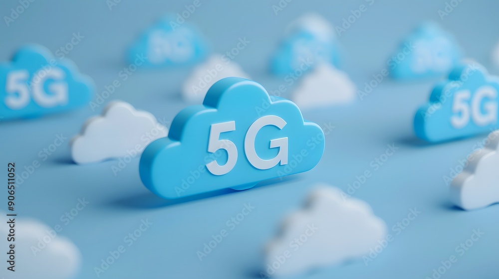 Aufkleber 3d rendering of multiple blue clouds with 5g text, symbolizing high-speed internet and advanced wire