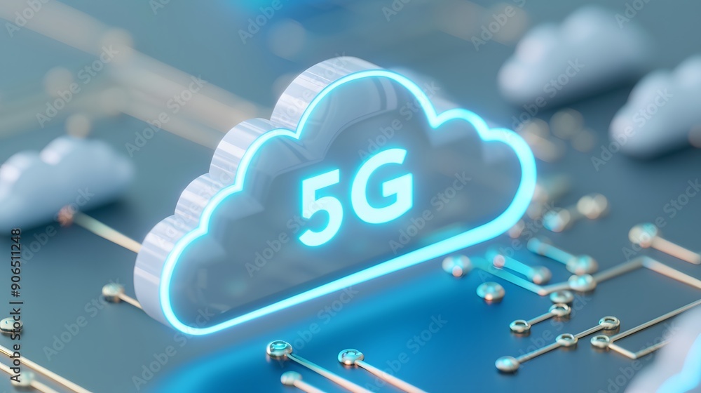 Poster 5g cloud computing concept. high-speed wireless technology and data transfer icon on a digital circu