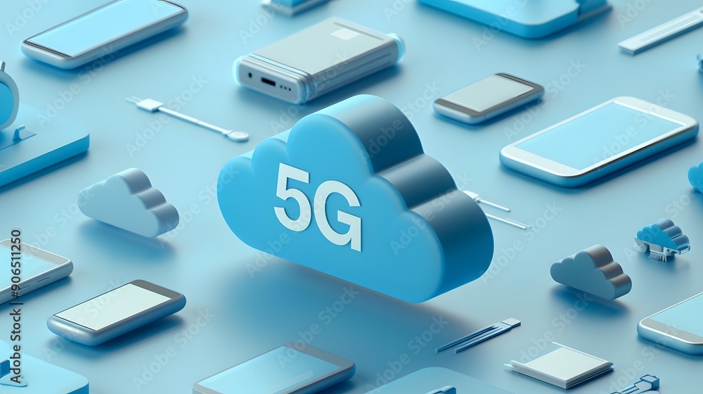 Poster 5g cloud computing concept with various digital devices. modern technological advancements in teleco