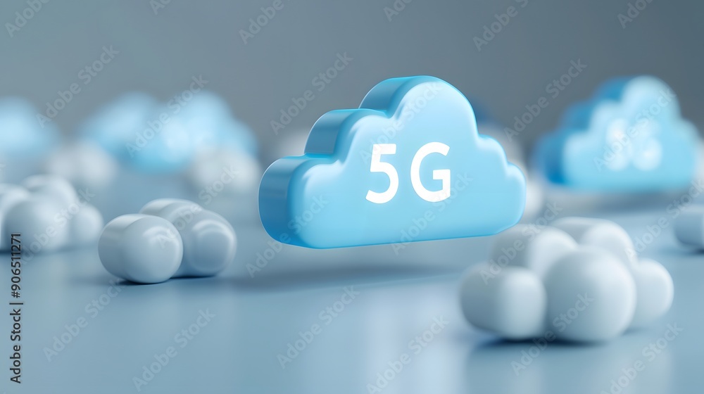 Poster 5g cloud computing technology concept with blue cloud icons representing data network and digital co