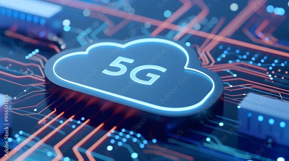 Poster 5g technology cloud symbol on a futuristic circuit board. modern wireless communication infrastructu