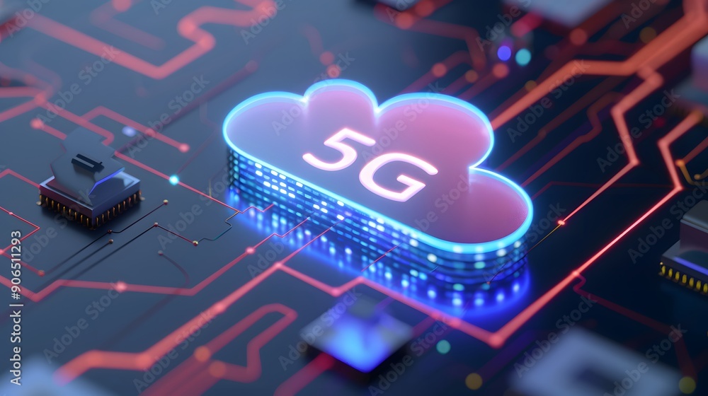 Poster 5g technology concept with glowing cloud symbol and connected circuits representing high-speed wirel