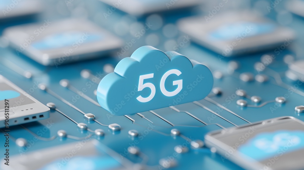 Poster 5g technology conceptual image with cloud icon highlighting fast wireless network capabilities and m