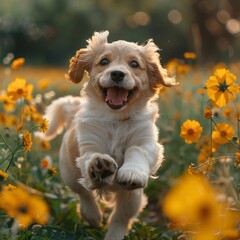 Cute dog running through a spring meadow	
