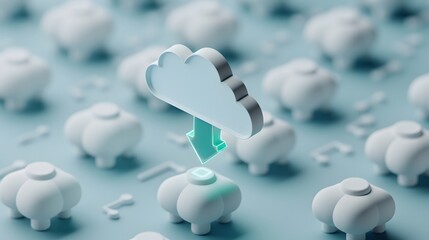 A 3D illustration of cloud computing technology with blue and white clouds and an arrow symbolizing data transfer and storage.