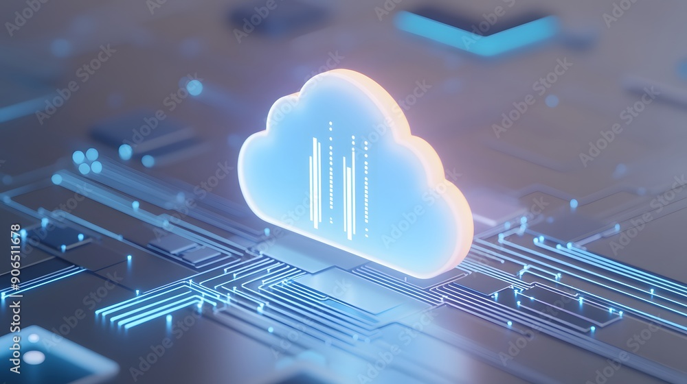 Poster a digital illustration of a cloud representing cloud computing technology with circuit lines. symbol