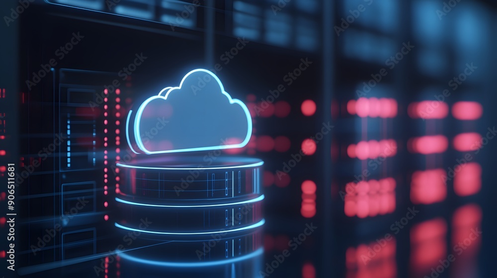Poster a digital illustration of cloud computing technology with a glowing cloud icon and server racks in t