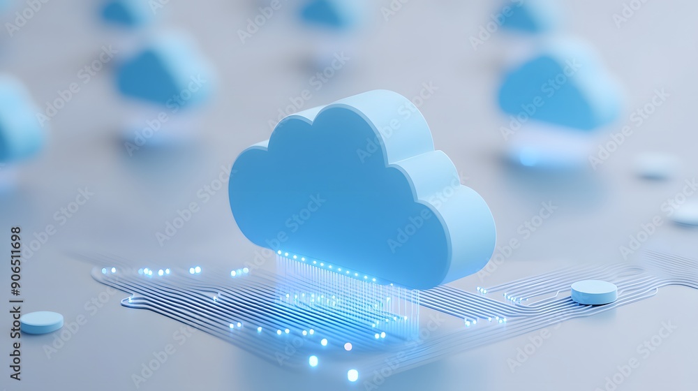 Poster a digital illustration of cloud computing technology representing data storage and online access wit