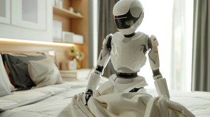 A futuristic white robot sits on a neatly made bed in a modern bedroom, showcasing advanced technology and design.
