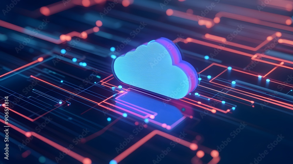 Poster a futuristic neon cloud icon on circuit board, representing modern cloud computing and data storage 