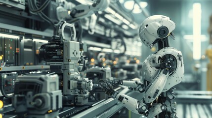 Fototapeta premium A humanoid robot working meticulously on an assembly line in a modern industrial environment, showcasing advanced technology and automation.