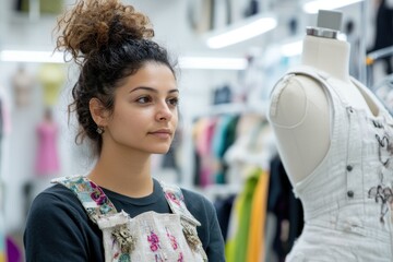 Young Designer Focusing on Creative Dress Design in Fashion Studio During Afternoon