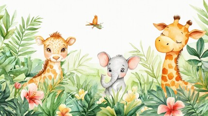 Fototapeta premium Watercolor baby safari animals in a jungle scene with tropical plants