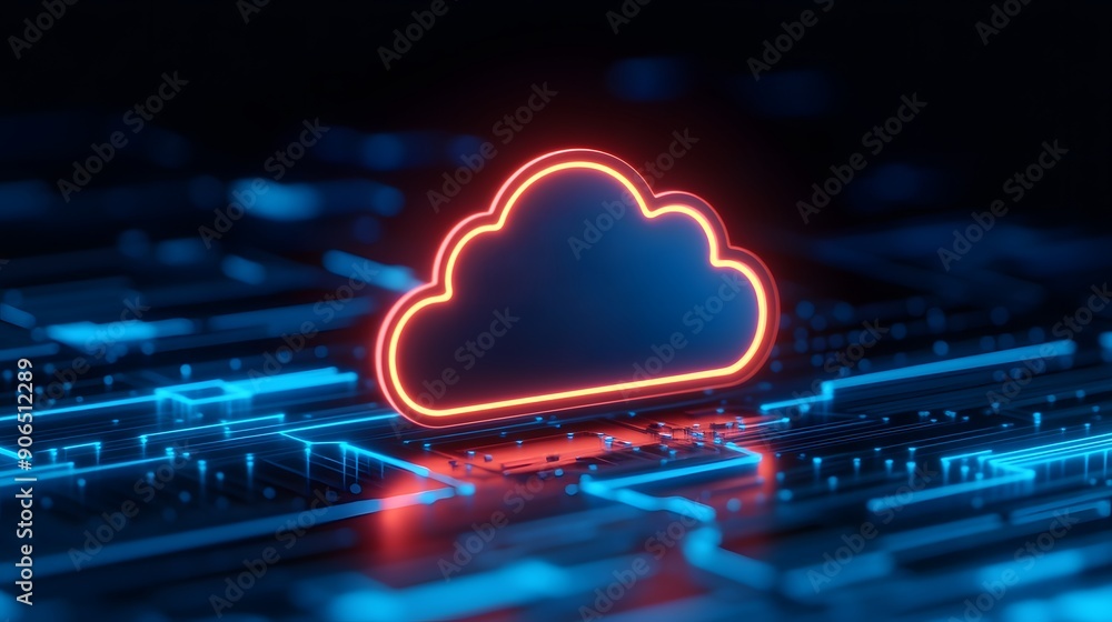 Poster a glowing neon cloud symbol on a futuristic circuit board, representing cloud computing and modern t